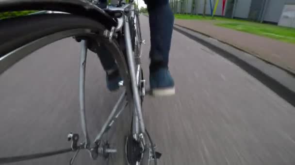 Bisikletçi tekerlek pedalı doğada şehir bisiklet yolunda. — Stok video