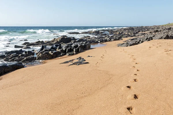 Rocks Footprints Oceano e onde contro Blue Skyline — Foto Stock