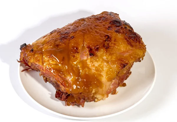 Baked Gammon Covered in Sweet Glaze on White Plate — Stock Photo, Image