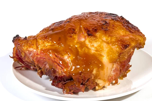 Baked Gammon Covered in Sweet Glaze on White Plate — Stock Photo, Image