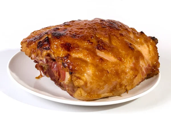 Baked Gammon Covered in Sweet Glaze on White Plate — Stock Photo, Image