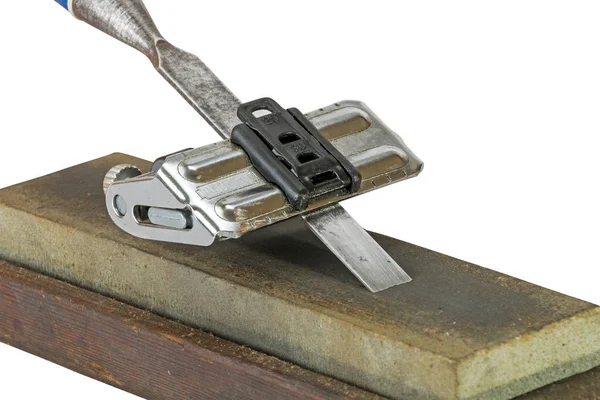 Chisel Clamped in Angle Guide Jigs on Grinding Whetstones — Stock Photo, Image