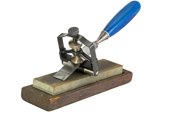 Chisel Clamped in Angle Guide Jigs on Grinding Whetstones — Stock Photo, Image