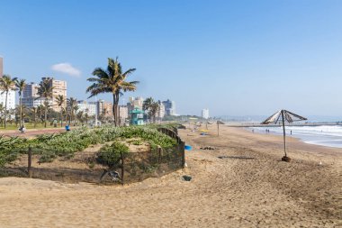 Kumul bitki örtüsü ve şehir manzarası karşı boş plaj