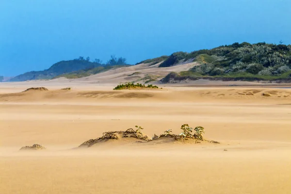 Vento pesante che soffia sabbia sulla spiaggia contro lo skyline costiero — Foto Stock