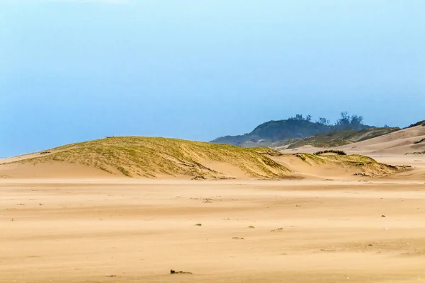 Viento pesado sopla arena en la playa contra el horizonte costero — Foto de Stock