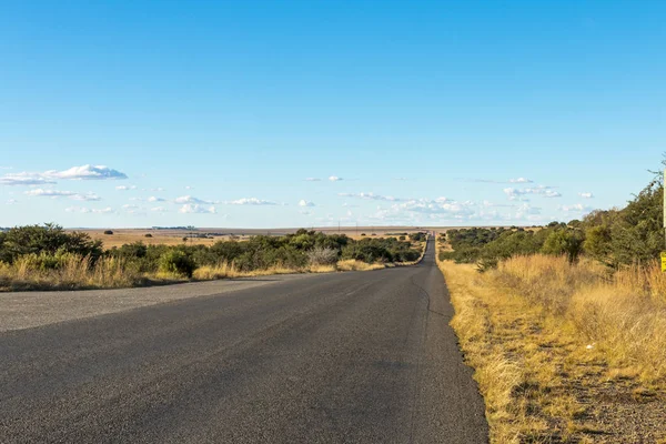 Boş kırsal asfalt yol kuru kış manzarası ile çalışan — Stok fotoğraf