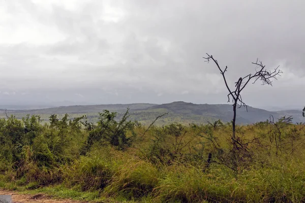 Landsbygdens landskap med Misty kullar och dalar mulen himmel — Stockfoto