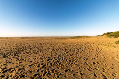 Desenli plaj kum Footprints kıyı mavi gökyüzü manzara ile 