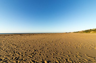 Desenli plaj kum Footprints kıyı mavi gökyüzü manzara ile 