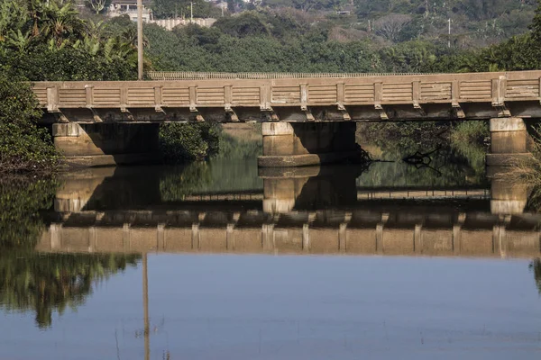 Міст в оточенні рослинності відображення в річці — стокове фото