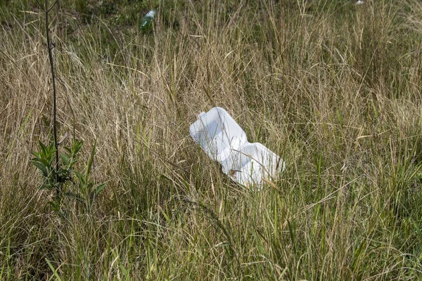 Contenedor de poliestireno desechado en hierba larga —  Fotos de Stock