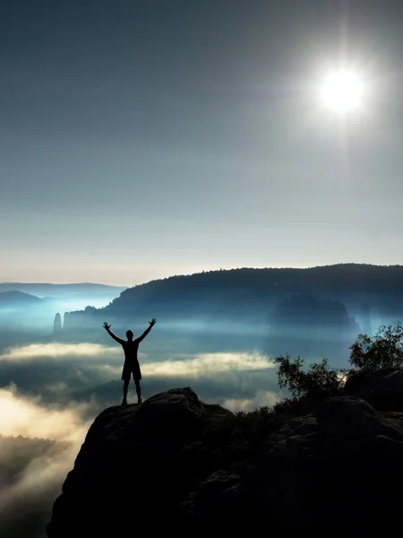 Il gesto dell'uomo felice ha alzato le braccia. Divertente escursionista con le mani alzate in aria sul bordo della roccia nel parco nazionale. Vivido e forte effetto vignettante . — Foto Stock