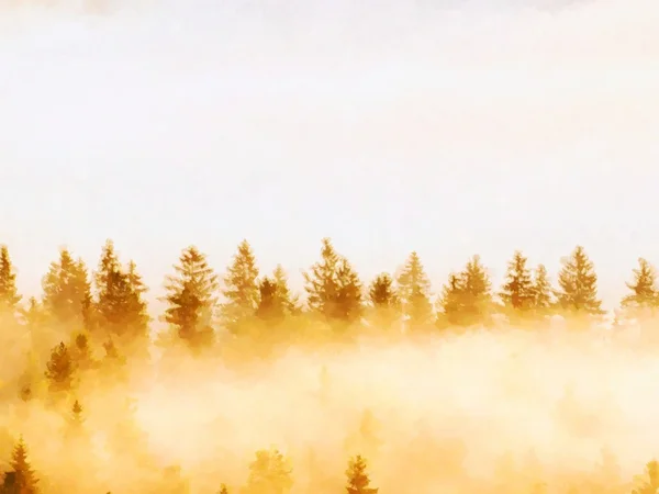 Эффект акварельной краски. Красный туманный лес в горах . — стоковое фото