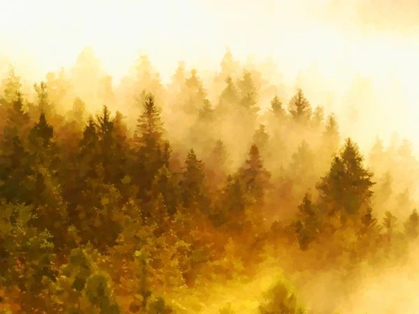 Akvarell färg effekt. Röd dimmig skog i berg. — Stockfoto