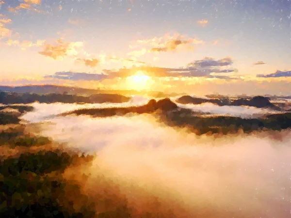 Akvarell festék hatása. Vörös ködös táj panoráma a hegyekben. — Stock Fotó