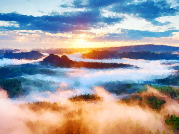 수채화 물감 효과입니다. 산에서 빨간색 안개 낀 풍경 파노라마. — 스톡 사진