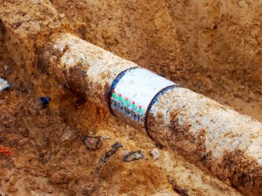 Suluboya etkisi. Paslanmaz tamir kollu üyeleri ile eski içecek su borusu. 