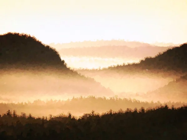 Akvarell hatás. Hideg arany tavaszi Daybreak. Az erdők csúcsai — Stock Fotó
