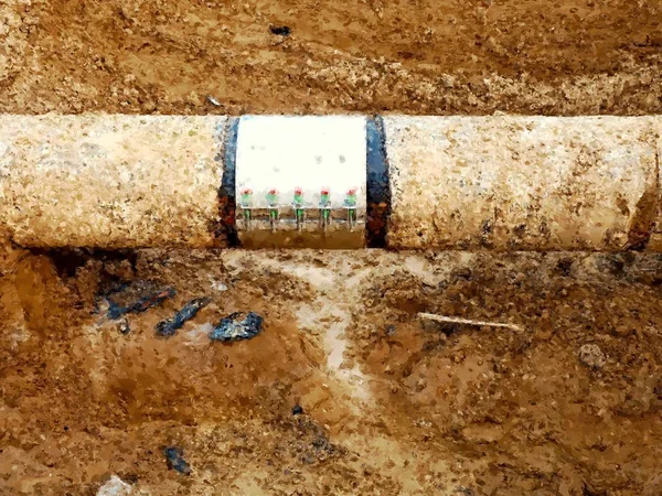 Aquarell-Effekt. alte Trinkwasserleitung mit rostfreien Reparaturmuffen. — Stockfoto