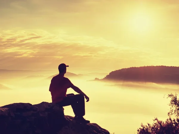 Man toeristische zitten op rock rijk. Uitkijkpunt met heather en takken boven mistige vallei. Zonnige daybreak in de rocky mountains. — Stockfoto