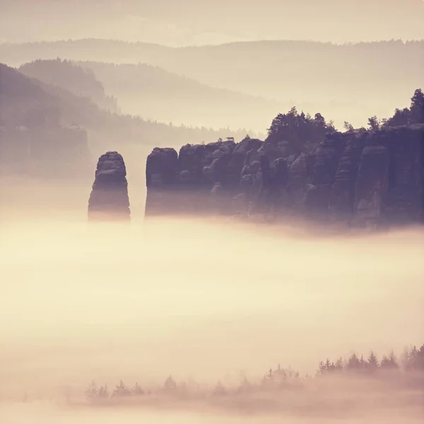 Roze daybreak in heuvelachtig landschap. Herfst mistige ochtend in een prachtige rotsachtige heuvels. — Stockfoto