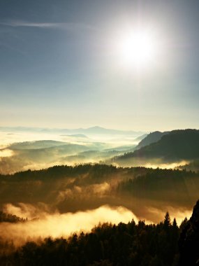 Renkli sonbahar daybreak. Puslu bir güzel tepelerde uyanış. Hills doruklarına