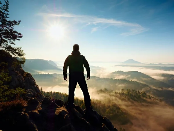 Hiker stand at heather bush on corner of empire. Fall season — Stock Photo, Image