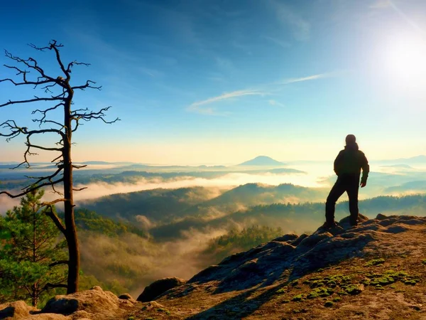 Slunečný podzim ráno. Turista stojí na vrcholu skály v parku říší rock — Stock fotografie