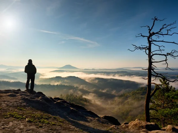 Солнечное осеннее утро. Турист стоит на вершине скалы в парке Рок-Империи — стоковое фото