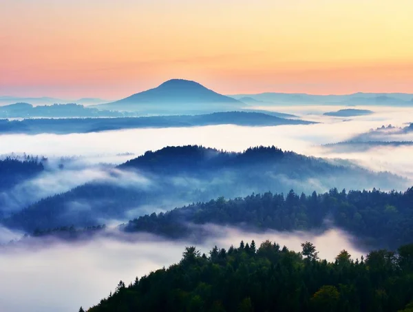 Paesaggio d'autunno. Nebbia gentile, nebbia cremosa d'autunno magnifica sopra foreste. Alta collina aumentata dalla nebbia — Foto Stock