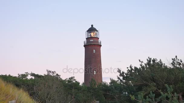 Shinning old lighthouse above pine forest before sunset. Tower illuminated with strong warning light. Lighthouse built from red bricks, gallery with iron handrail around glass cover of spotlight. — Stock Video