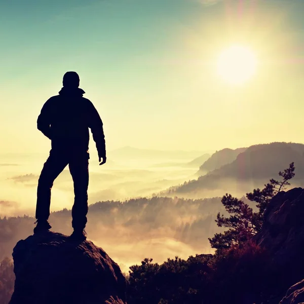 Hiker climbed on peak of rock above valley. Man watch over misty and foggy morning valley — Stock Photo, Image