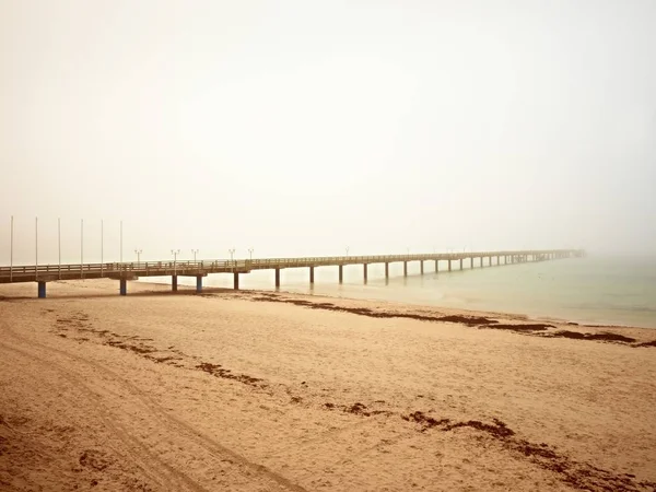 Jesienny poranek mglisty na drewnianym molo nad morzem. Depresja, mroczną atmosferę. Turystyczne kret, mokra podłoga drewniane nad morzem. — Zdjęcie stockowe