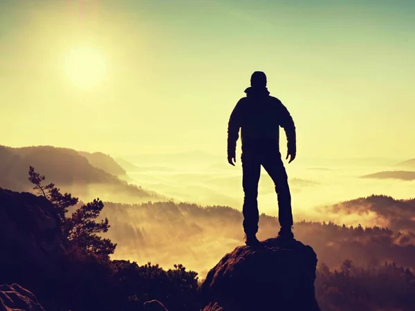 Man on top of mountain. Hiker climbed on peak of rock above foggy valley. — Stock Photo, Image