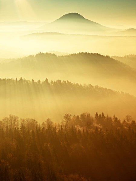 Fall daybreak. Misty awakening in beautiful hills. Peaks of hills 