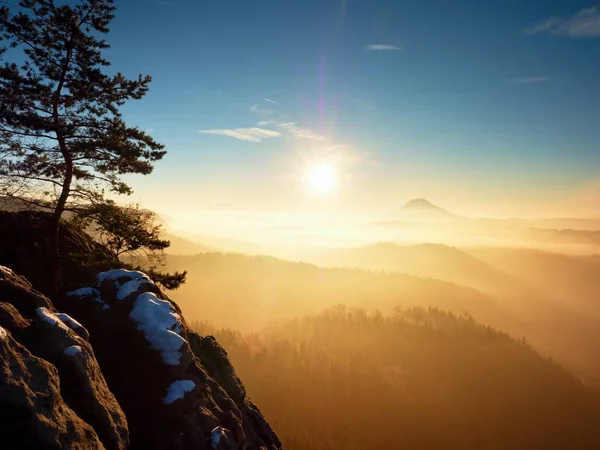 Upadek brzask. Misty przebudzenie w pięknych wzgórz. Szczytami wzgórz — Zdjęcie stockowe