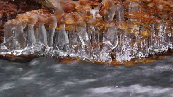 Carámbanos brillantes. Gotas congeladas por encima del arroyo de invierno crearon hermosos carámbanos. Brillante hielo sobre un arroyo espumoso de invierno. Caído tronco y rama con cubierta de hielo y pequeños copos de nieve . — Vídeos de Stock