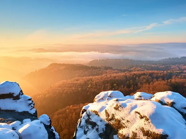 Lever du jour rose dans un paysage vallonné. Tôt le matin brumeux d'hiver dans la terre — Photo