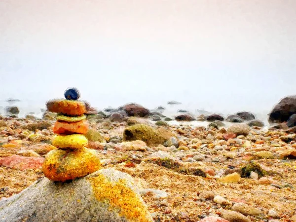 Watercolor paint.  Balanced stone pyramid on sea shore, waves