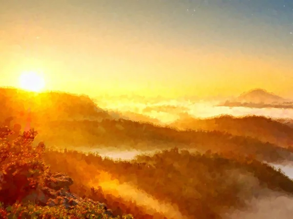 Akvarell festék. utumn napkelte felett erdő, ősszel színes völgy felett — Stock Fotó