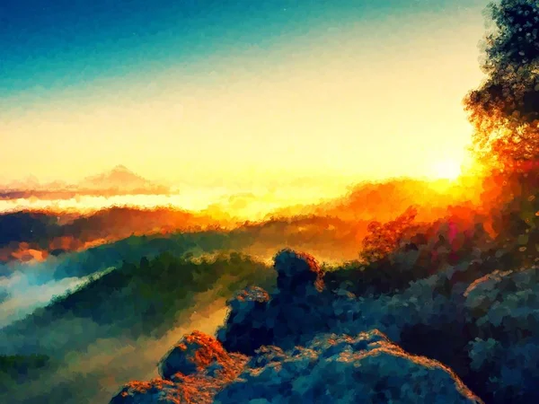 Aquarel verf. utumn zonsopgang boven boven bos, kleurrijke vallei Val — Stockfoto