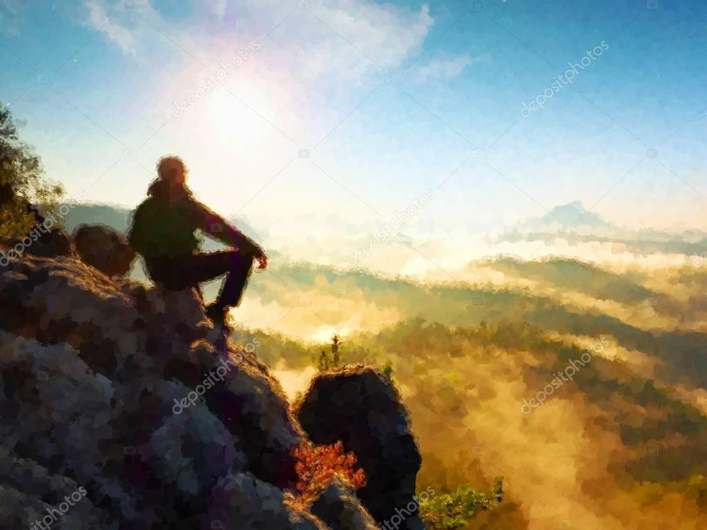 Watercolor paint.  Hiker man take a rest on mountain peak. Man lay on summit