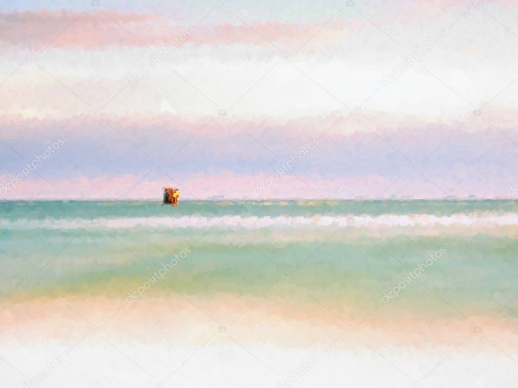 Watercolor paint.  Concrete block, boulder sticking out from smooth wavy sea.