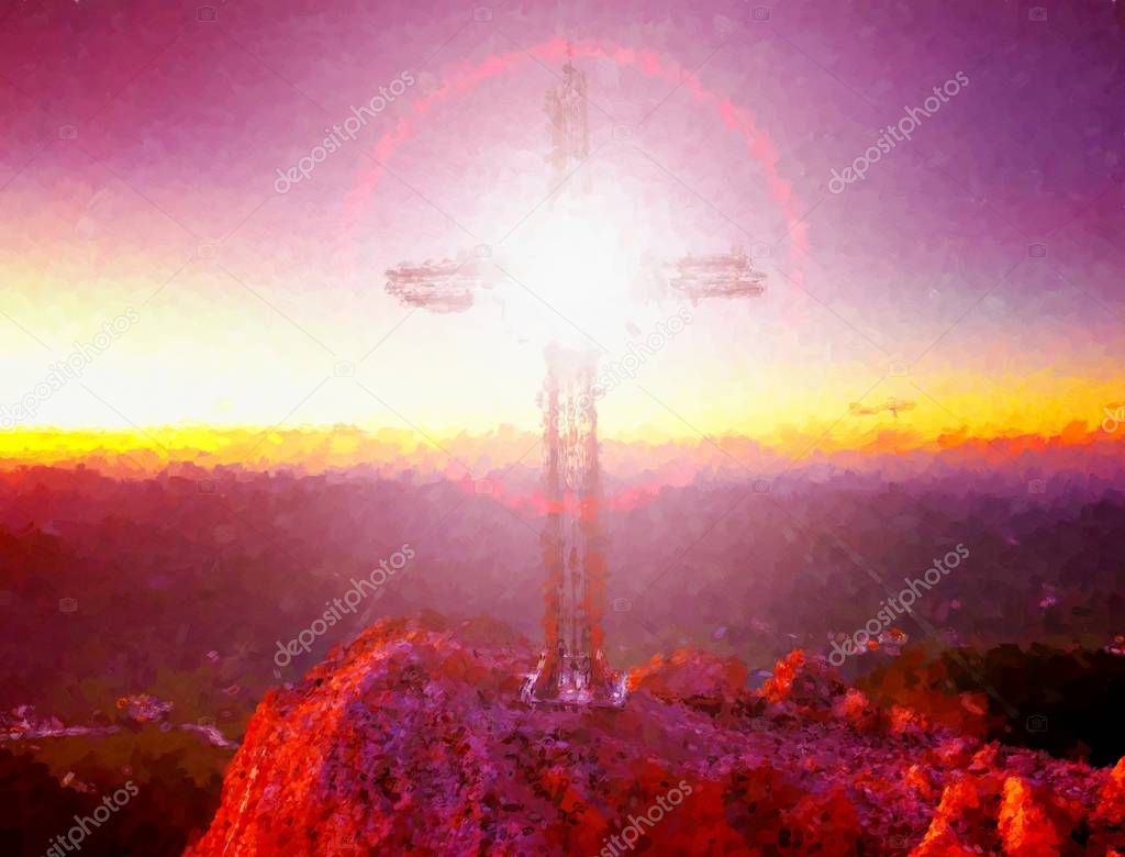 Watercolor paint.  Steel crucifix at mountain peak in Alps. 