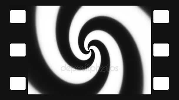 Animated abstract illustration of black and white spirals rotating in film simulated frame. Black and white animation, seamless loop. — Stock Video