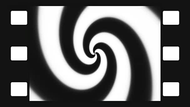 Animated abstract illustration of black and white spirals rotating in film simulated frame. Black and white animation, seamless loop. — Stock Video