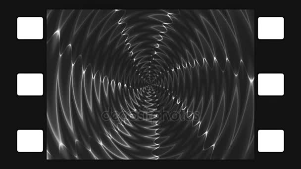 Animated abstract illustration of black and white spirals rotating in film simulated frame. Black and white animation, seamless loop. — Stock Video