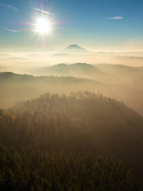 Sonbahar daybreak. Misty güzel tepelerde uyanış. Hills doruklarına 