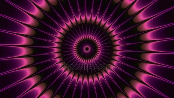 Girando viola rosa shinning dischi al neon picco su sfondo scuro. Ricco delineato ictus. Design decorato senza cuciture. Campo di energia sfera cerchio abbagliante — Video Stock